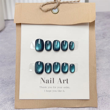 Qfdian Handmade Short Fake Nails Press on Nails Smudge Blue Cute Manicure Artificial Nail Reusable Adhesive Round Head Finger Tips Art